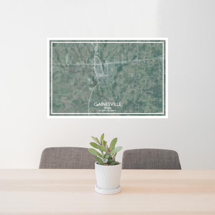 24x36 Gainesville Texas Map Print Lanscape Orientation in Afternoon Style Behind 2 Chairs Table and Potted Plant