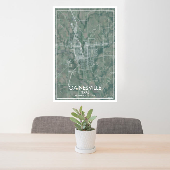 24x36 Gainesville Texas Map Print Portrait Orientation in Afternoon Style Behind 2 Chairs Table and Potted Plant