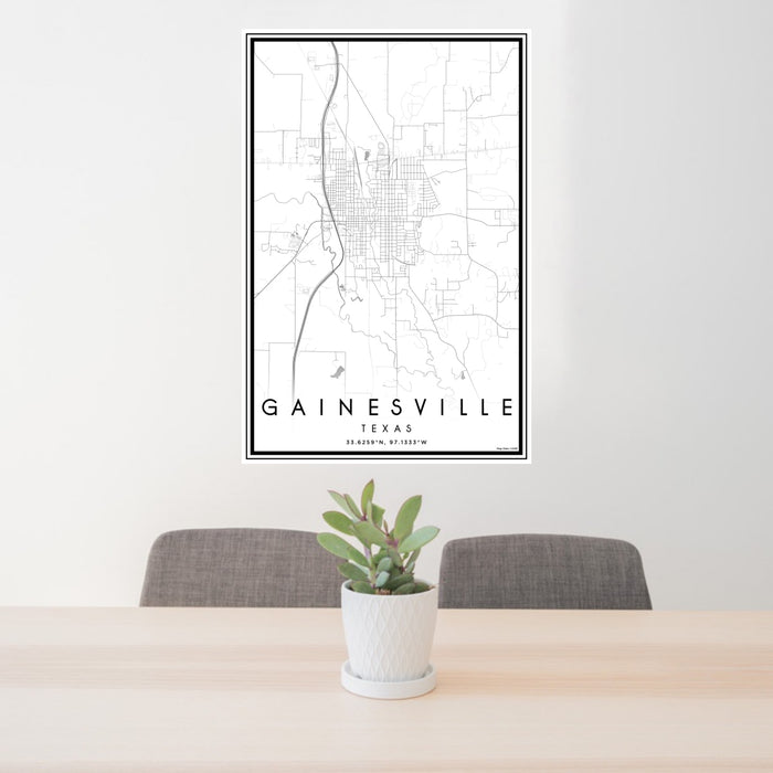 24x36 Gainesville Texas Map Print Portrait Orientation in Classic Style Behind 2 Chairs Table and Potted Plant