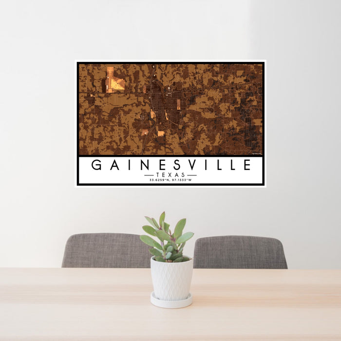 24x36 Gainesville Texas Map Print Lanscape Orientation in Ember Style Behind 2 Chairs Table and Potted Plant