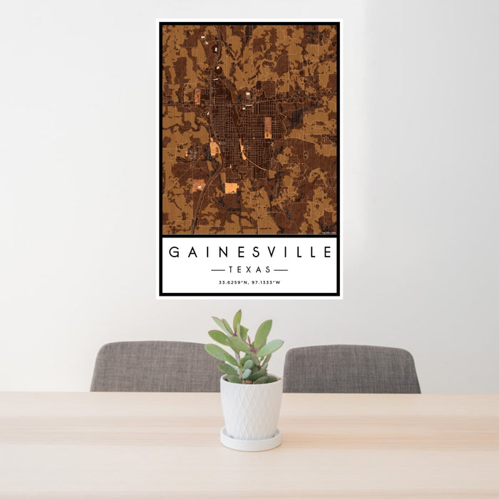 24x36 Gainesville Texas Map Print Portrait Orientation in Ember Style Behind 2 Chairs Table and Potted Plant
