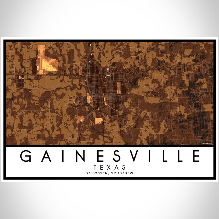Gainesville Texas Map Print Landscape Orientation in Ember Style With Shaded Background