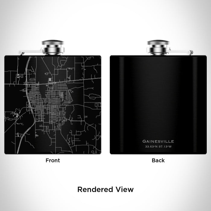 Rendered View of Gainesville Texas Map Engraving on 6oz Stainless Steel Flask in Black