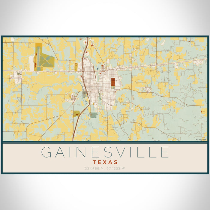 Gainesville Texas Map Print Landscape Orientation in Woodblock Style With Shaded Background