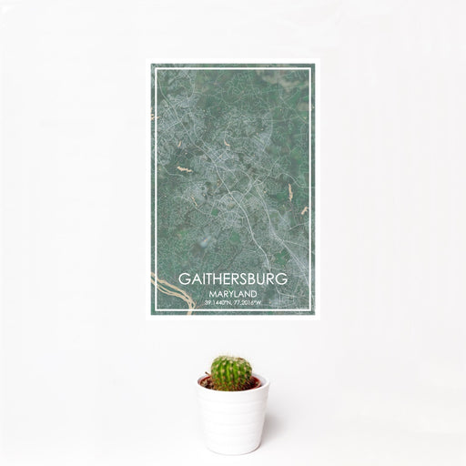 12x18 Gaithersburg Maryland Map Print Portrait Orientation in Afternoon Style With Small Cactus Plant in White Planter