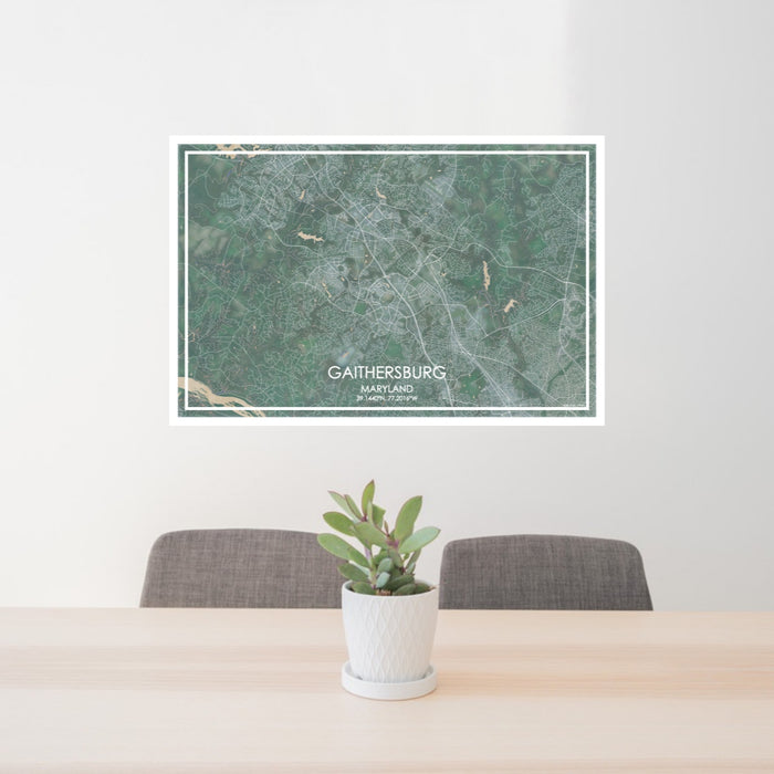 24x36 Gaithersburg Maryland Map Print Lanscape Orientation in Afternoon Style Behind 2 Chairs Table and Potted Plant