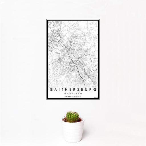 12x18 Gaithersburg Maryland Map Print Portrait Orientation in Classic Style With Small Cactus Plant in White Planter
