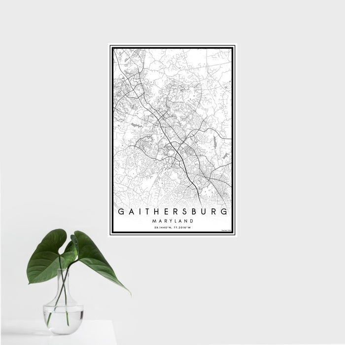 16x24 Gaithersburg Maryland Map Print Portrait Orientation in Classic Style With Tropical Plant Leaves in Water