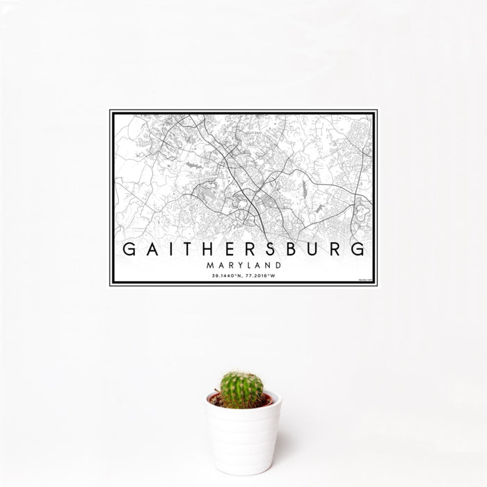 12x18 Gaithersburg Maryland Map Print Landscape Orientation in Classic Style With Small Cactus Plant in White Planter