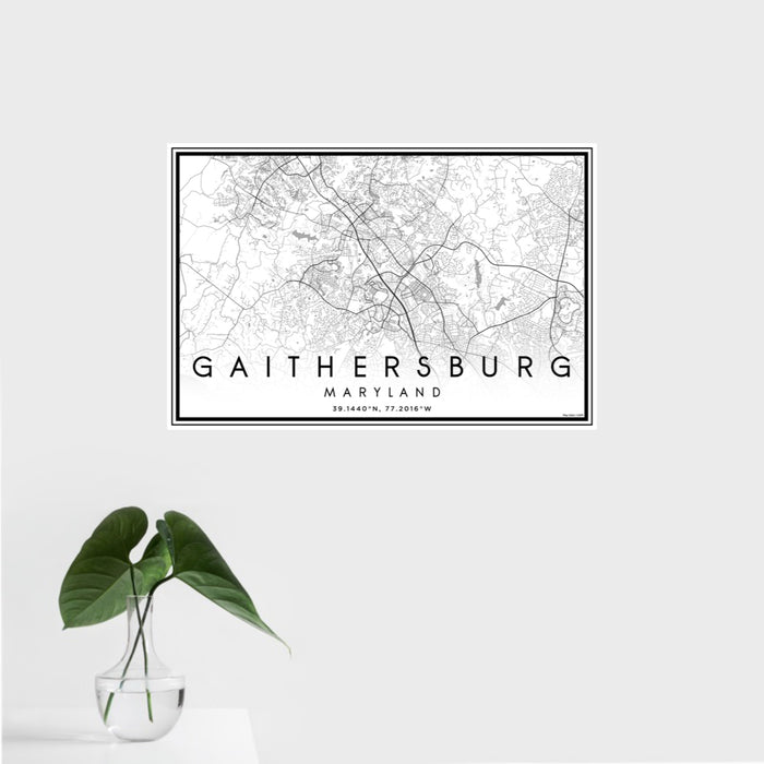 16x24 Gaithersburg Maryland Map Print Landscape Orientation in Classic Style With Tropical Plant Leaves in Water