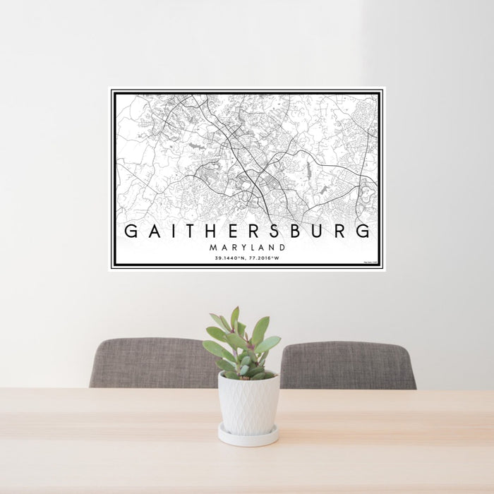 24x36 Gaithersburg Maryland Map Print Landscape Orientation in Classic Style Behind 2 Chairs Table and Potted Plant