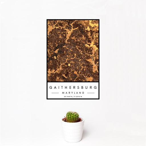 12x18 Gaithersburg Maryland Map Print Portrait Orientation in Ember Style With Small Cactus Plant in White Planter