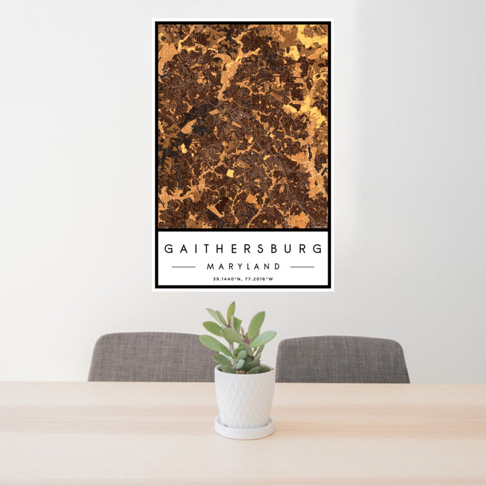 24x36 Gaithersburg Maryland Map Print Portrait Orientation in Ember Style Behind 2 Chairs Table and Potted Plant