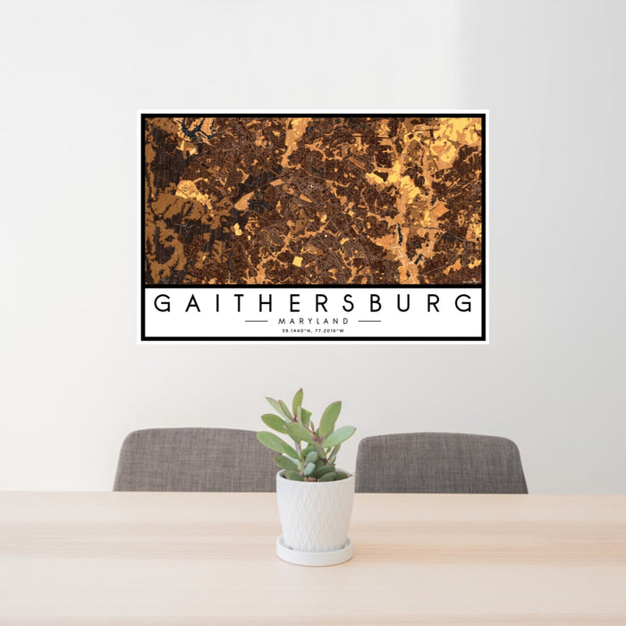 24x36 Gaithersburg Maryland Map Print Landscape Orientation in Ember Style Behind 2 Chairs Table and Potted Plant