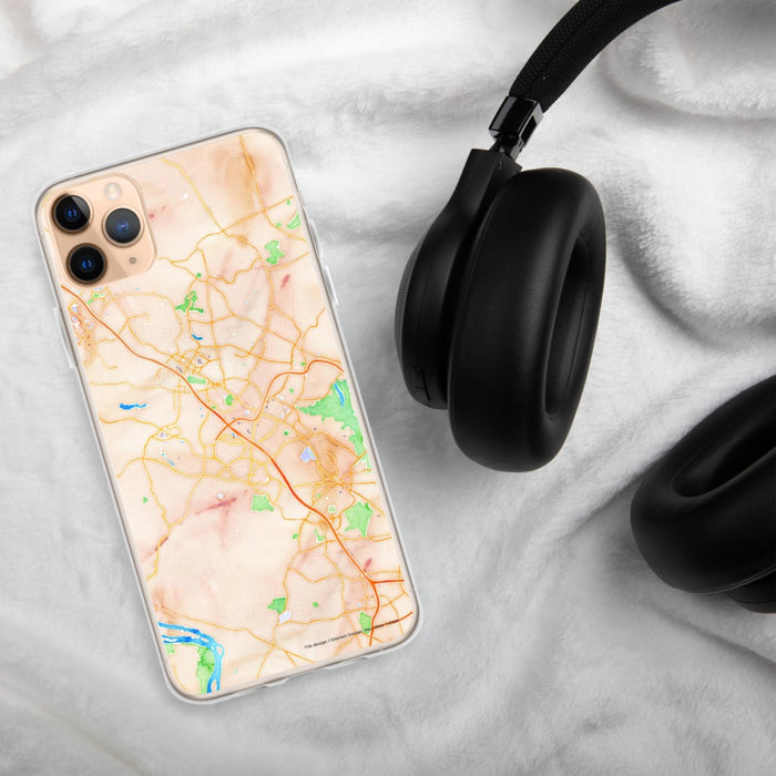 Custom Gaithersburg Maryland Map Phone Case in Watercolor on Table with Black Headphones