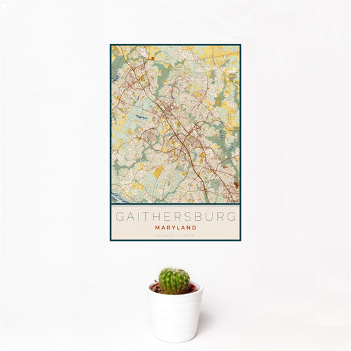 12x18 Gaithersburg Maryland Map Print Portrait Orientation in Woodblock Style With Small Cactus Plant in White Planter