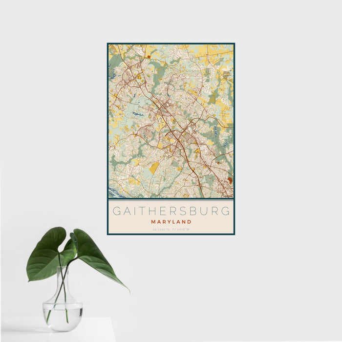 16x24 Gaithersburg Maryland Map Print Portrait Orientation in Woodblock Style With Tropical Plant Leaves in Water