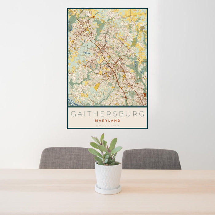 24x36 Gaithersburg Maryland Map Print Portrait Orientation in Woodblock Style Behind 2 Chairs Table and Potted Plant