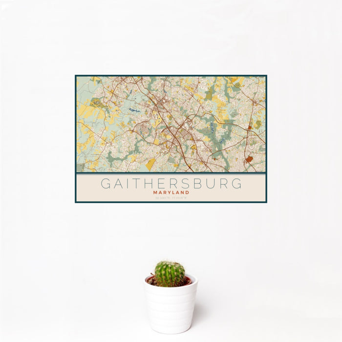 12x18 Gaithersburg Maryland Map Print Landscape Orientation in Woodblock Style With Small Cactus Plant in White Planter