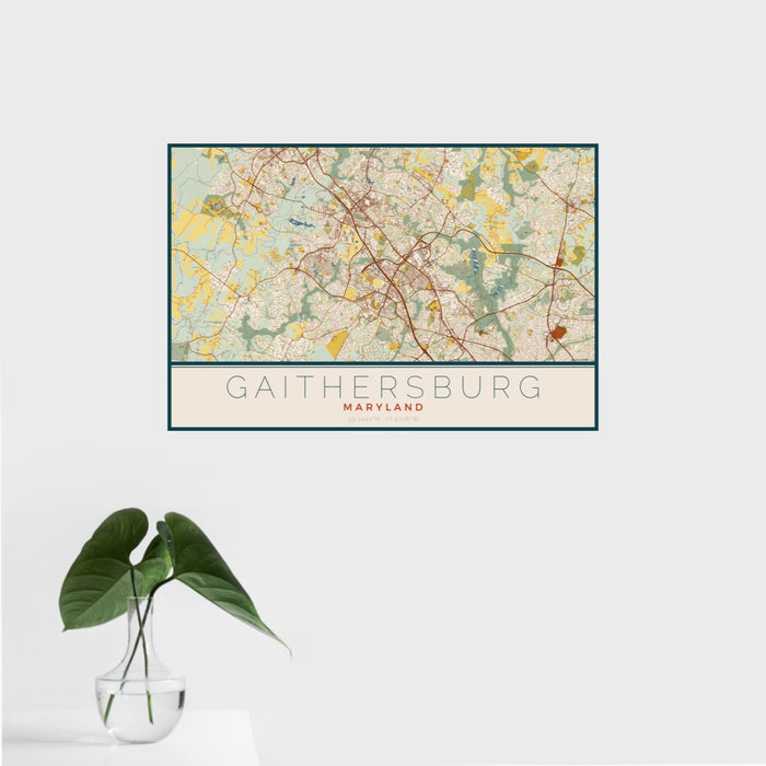16x24 Gaithersburg Maryland Map Print Landscape Orientation in Woodblock Style With Tropical Plant Leaves in Water