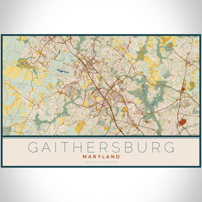 Gaithersburg Maryland Map Print Landscape Orientation in Woodblock Style With Shaded Background