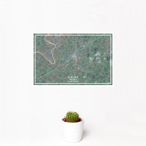 12x18 Galax Virginia Map Print Landscape Orientation in Afternoon Style With Small Cactus Plant in White Planter
