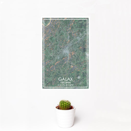 12x18 Galax Virginia Map Print Portrait Orientation in Afternoon Style With Small Cactus Plant in White Planter