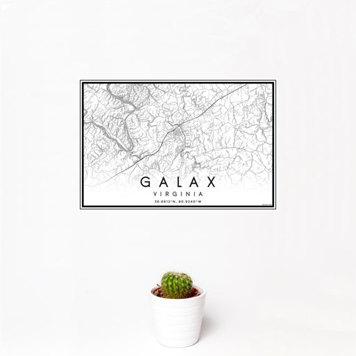 12x18 Galax Virginia Map Print Landscape Orientation in Classic Style With Small Cactus Plant in White Planter