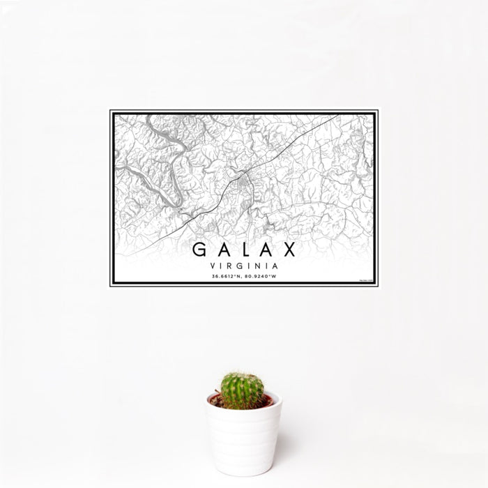 12x18 Galax Virginia Map Print Landscape Orientation in Classic Style With Small Cactus Plant in White Planter