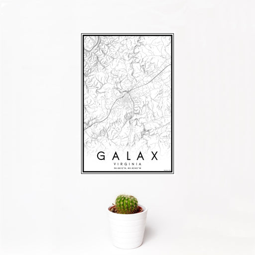 12x18 Galax Virginia Map Print Portrait Orientation in Classic Style With Small Cactus Plant in White Planter