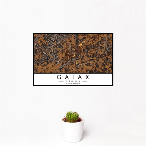 12x18 Galax Virginia Map Print Landscape Orientation in Ember Style With Small Cactus Plant in White Planter