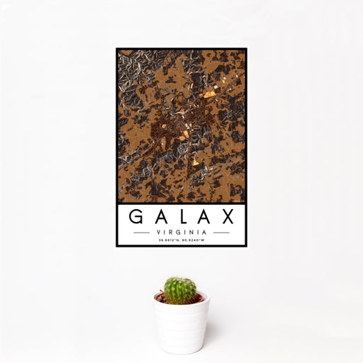 12x18 Galax Virginia Map Print Portrait Orientation in Ember Style With Small Cactus Plant in White Planter
