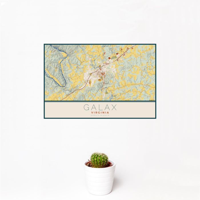 12x18 Galax Virginia Map Print Landscape Orientation in Woodblock Style With Small Cactus Plant in White Planter