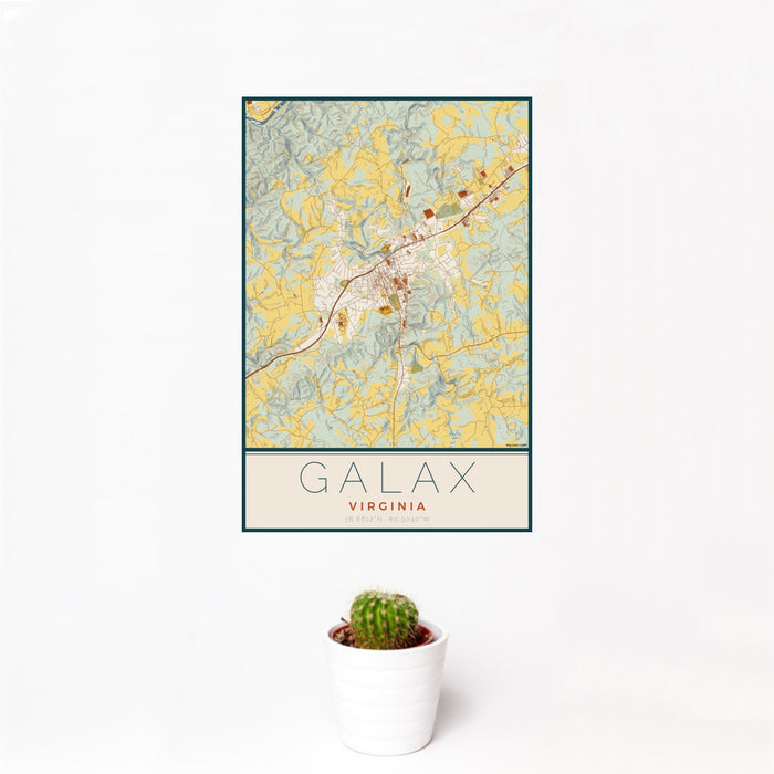 12x18 Galax Virginia Map Print Portrait Orientation in Woodblock Style With Small Cactus Plant in White Planter