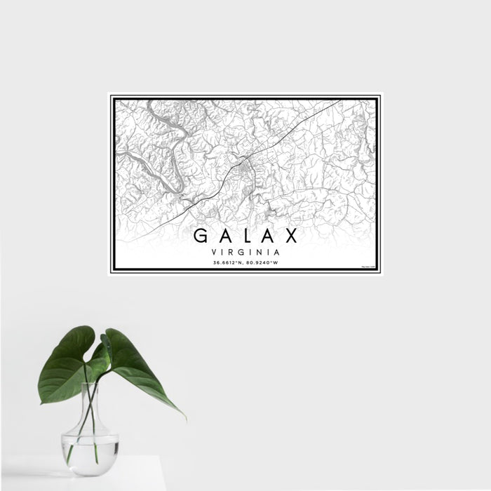 16x24 Galax Virginia Map Print Landscape Orientation in Classic Style With Tropical Plant Leaves in Water