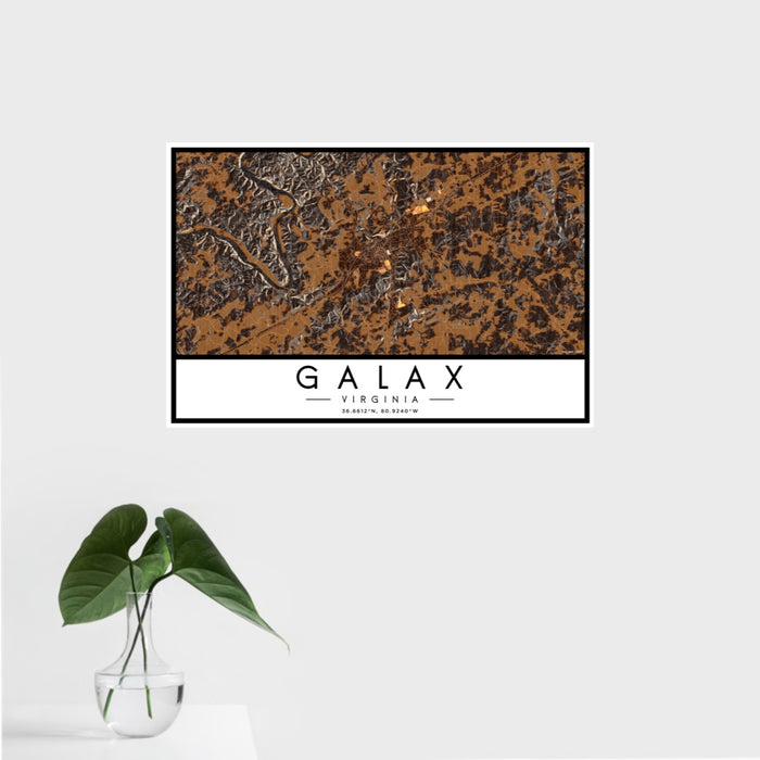 16x24 Galax Virginia Map Print Landscape Orientation in Ember Style With Tropical Plant Leaves in Water