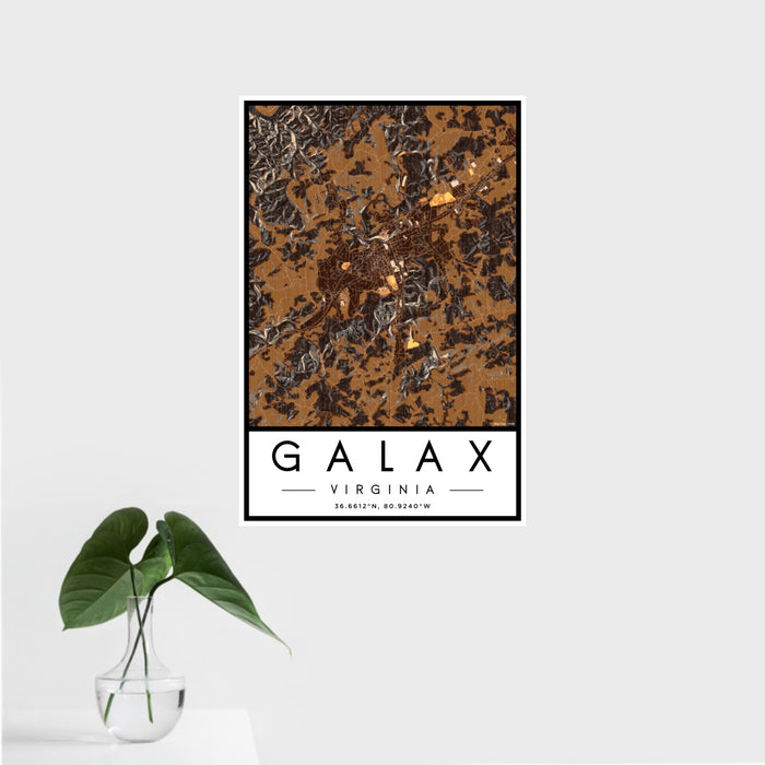 16x24 Galax Virginia Map Print Portrait Orientation in Ember Style With Tropical Plant Leaves in Water