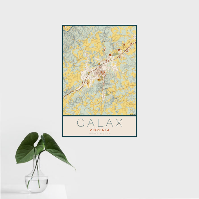 16x24 Galax Virginia Map Print Portrait Orientation in Woodblock Style With Tropical Plant Leaves in Water