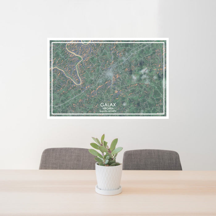 24x36 Galax Virginia Map Print Lanscape Orientation in Afternoon Style Behind 2 Chairs Table and Potted Plant
