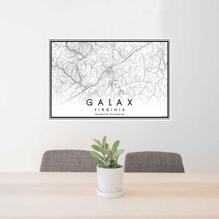 24x36 Galax Virginia Map Print Lanscape Orientation in Classic Style Behind 2 Chairs Table and Potted Plant