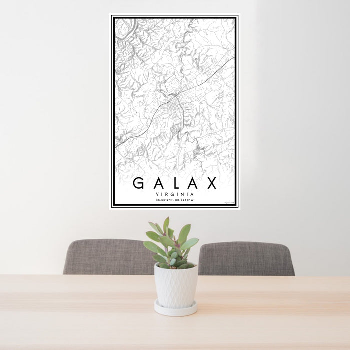24x36 Galax Virginia Map Print Portrait Orientation in Classic Style Behind 2 Chairs Table and Potted Plant