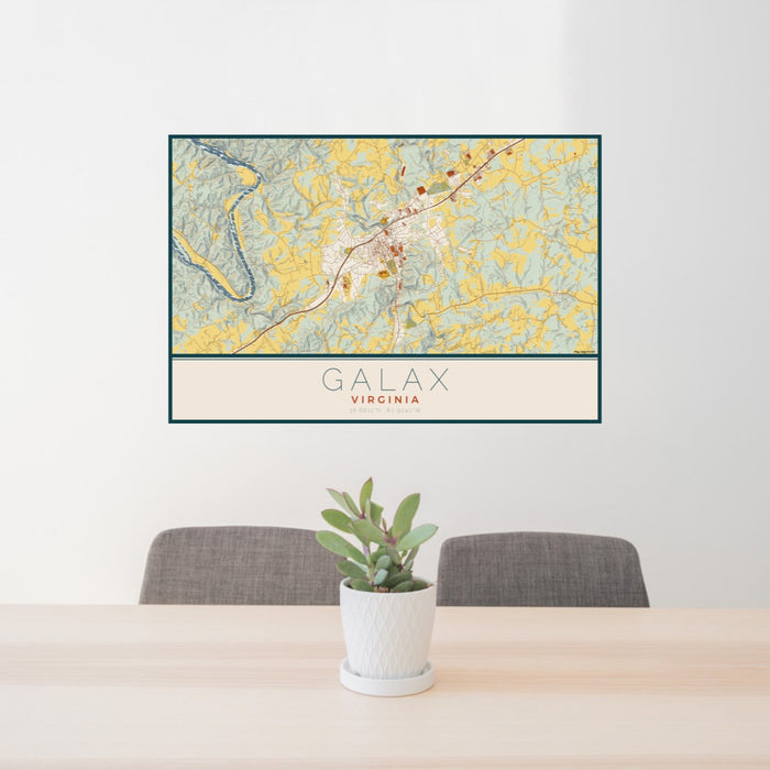 24x36 Galax Virginia Map Print Lanscape Orientation in Woodblock Style Behind 2 Chairs Table and Potted Plant