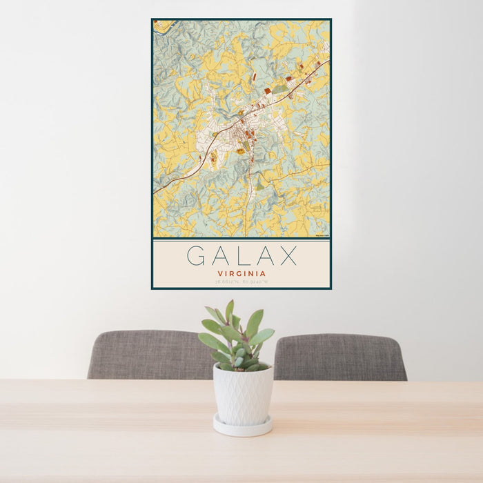 24x36 Galax Virginia Map Print Portrait Orientation in Woodblock Style Behind 2 Chairs Table and Potted Plant