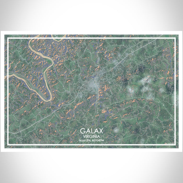 Galax Virginia Map Print Landscape Orientation in Afternoon Style With Shaded Background