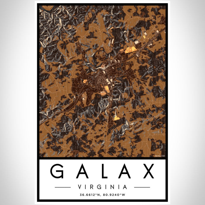 Galax Virginia Map Print Portrait Orientation in Ember Style With Shaded Background