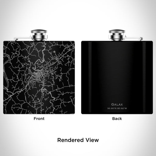 Rendered View of Galax Virginia Map Engraving on 6oz Stainless Steel Flask in Black