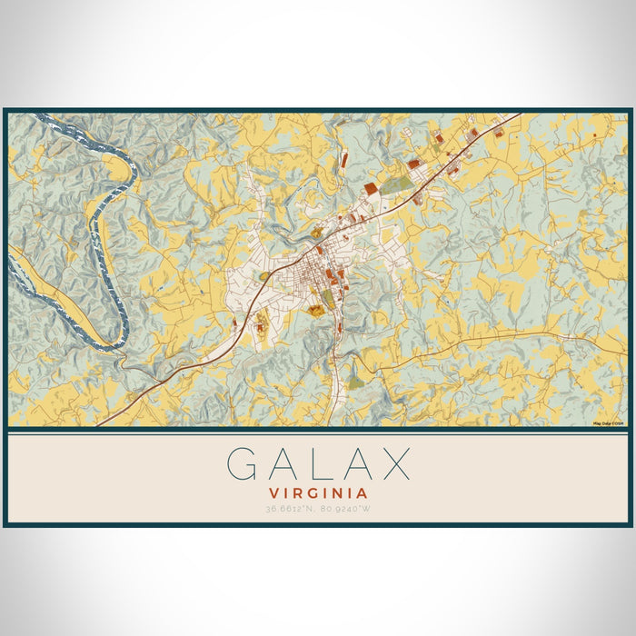 Galax Virginia Map Print Landscape Orientation in Woodblock Style With Shaded Background