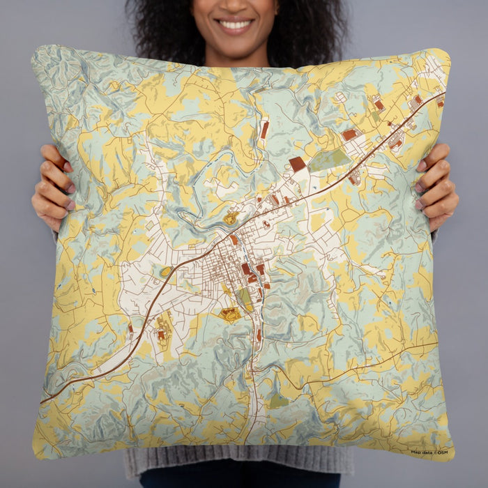 Person holding 22x22 Custom Galax Virginia Map Throw Pillow in Woodblock
