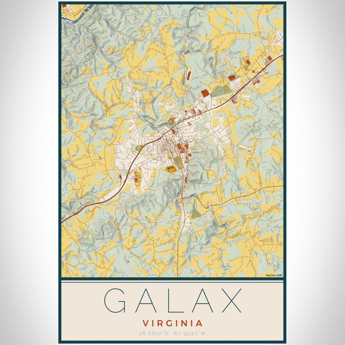 Galax Virginia Map Print Portrait Orientation in Woodblock Style With Shaded Background