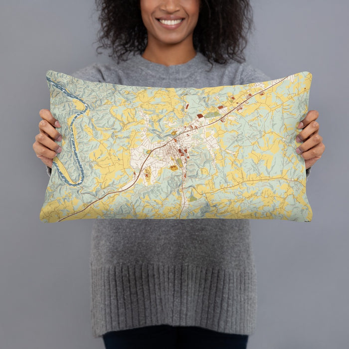 Person holding 20x12 Custom Galax Virginia Map Throw Pillow in Woodblock